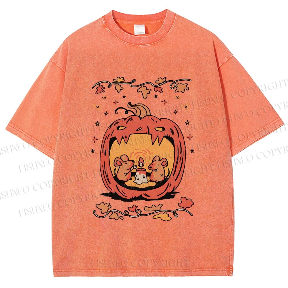 Unisex Rats in Halloween Pumpkin Printed Washed Tee