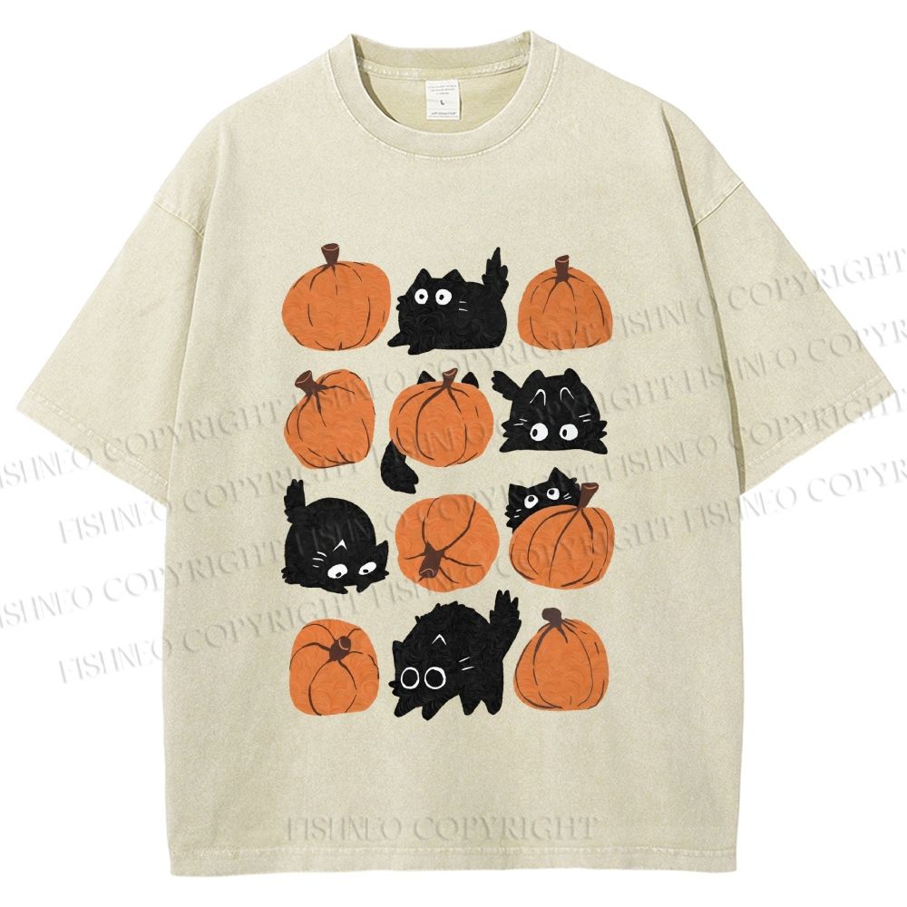 Unisex Halloween Black Cat With Pumpkins Printed Washed Tee