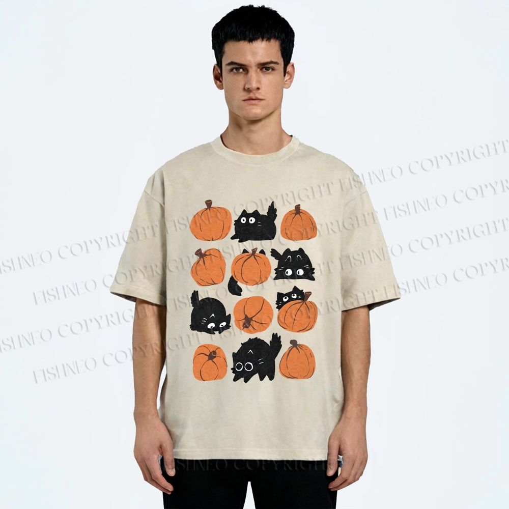 Unisex Halloween Black Cat With Pumpkins Printed Washed Tee
