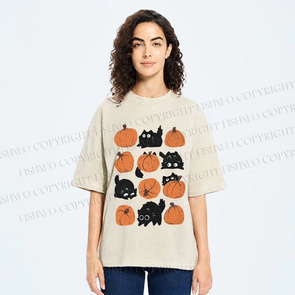 Unisex Halloween Black Cat With Pumpkins Printed Washed Tee