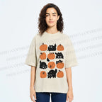 Unisex Halloween Black Cat With Pumpkins Printed Washed Tee