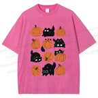 Unisex Halloween Black Cat With Pumpkins Printed Washed Tee