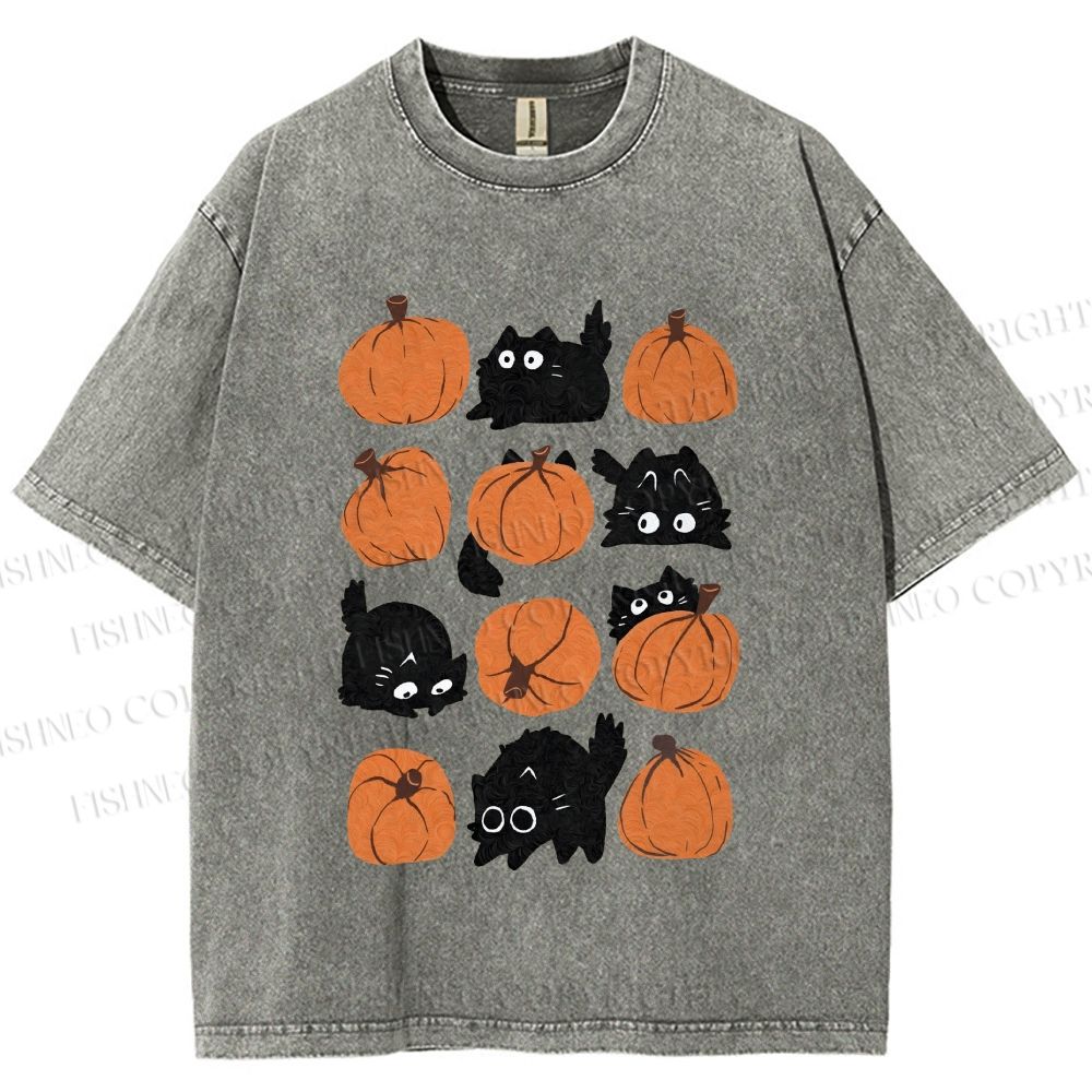 Unisex Halloween Black Cat With Pumpkins Printed Washed Tee