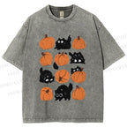 Unisex Halloween Black Cat With Pumpkins Printed Washed Tee