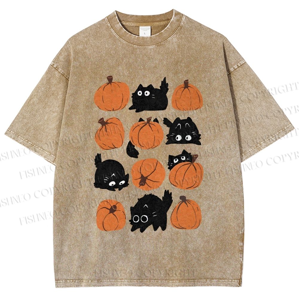 Unisex Halloween Black Cat With Pumpkins Printed Washed Tee