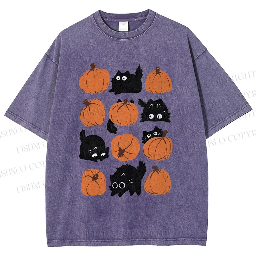 Unisex Halloween Black Cat With Pumpkins Printed Washed Tee