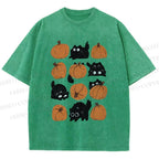Unisex Halloween Black Cat With Pumpkins Printed Washed Tee