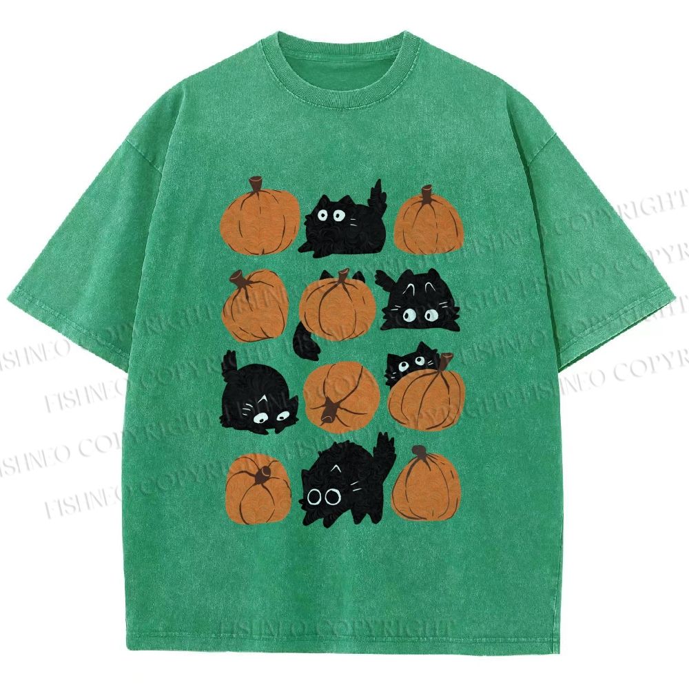 Unisex Halloween Black Cat With Pumpkins Printed Washed Tee