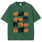 Unisex Halloween Black Cat With Pumpkins Printed Washed Tee