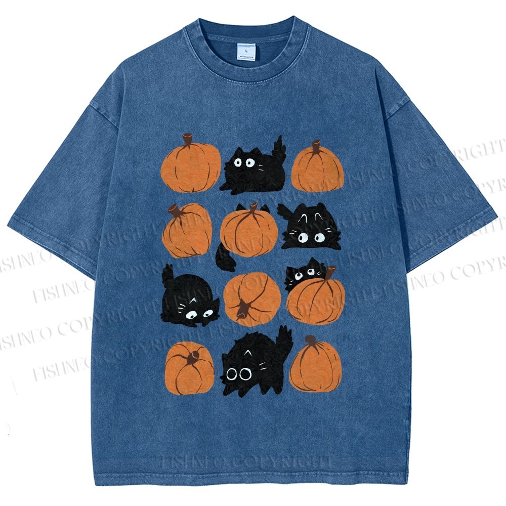 Unisex Halloween Black Cat With Pumpkins Printed Washed Tee