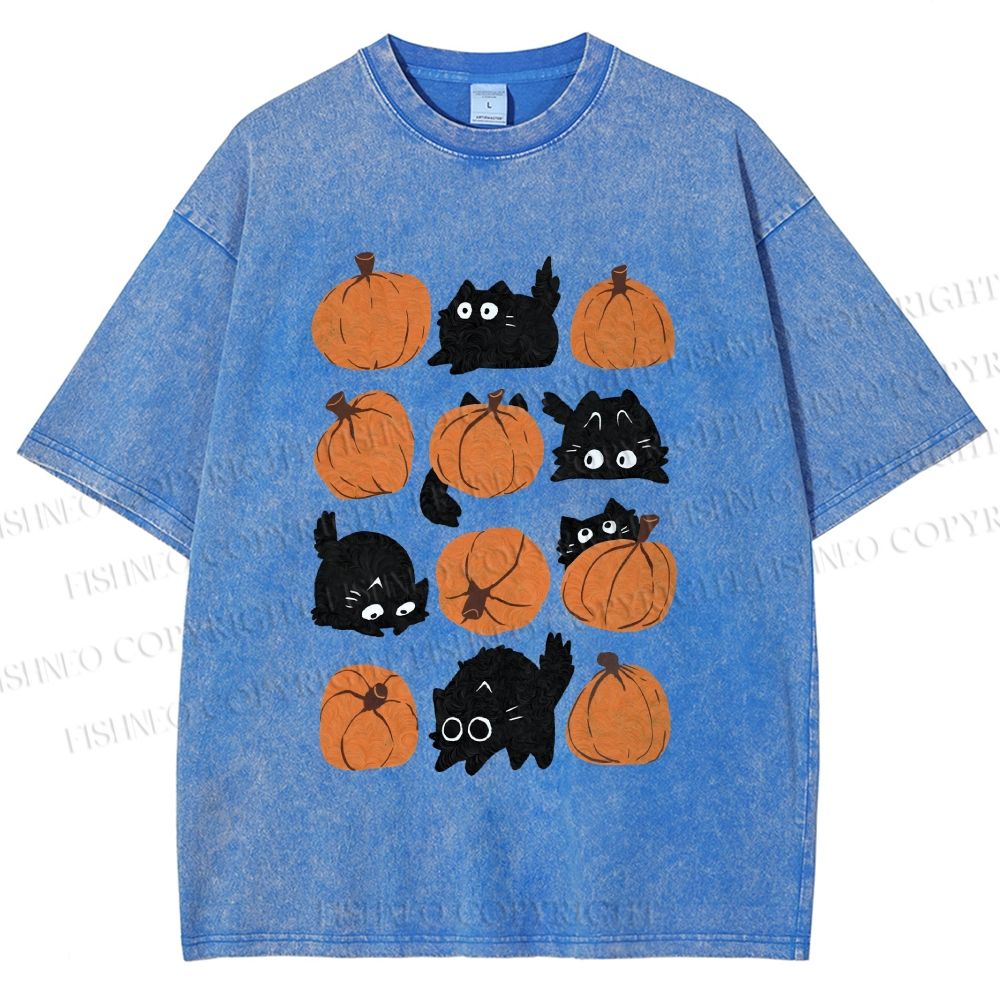 Unisex Halloween Black Cat With Pumpkins Printed Washed Tee
