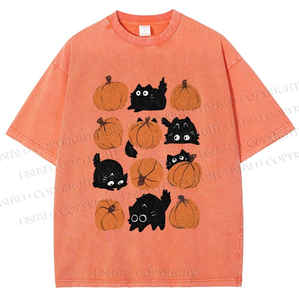 Unisex Halloween Black Cat With Pumpkins Printed Washed Tee