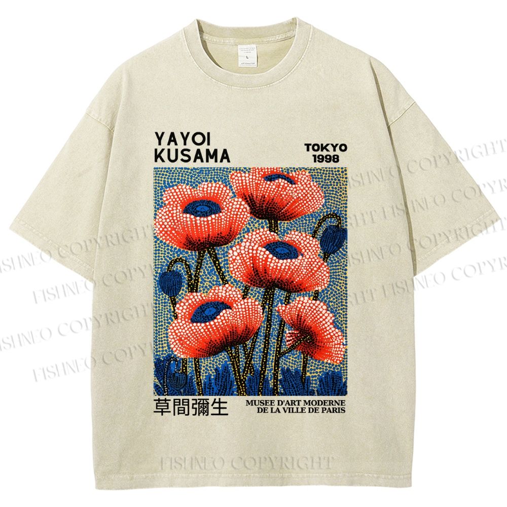 Unisex Yayoi Kusama Red Flowers Printed Washed Tee