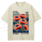 Unisex Yayoi Kusama Red Flowers Printed Washed Tee