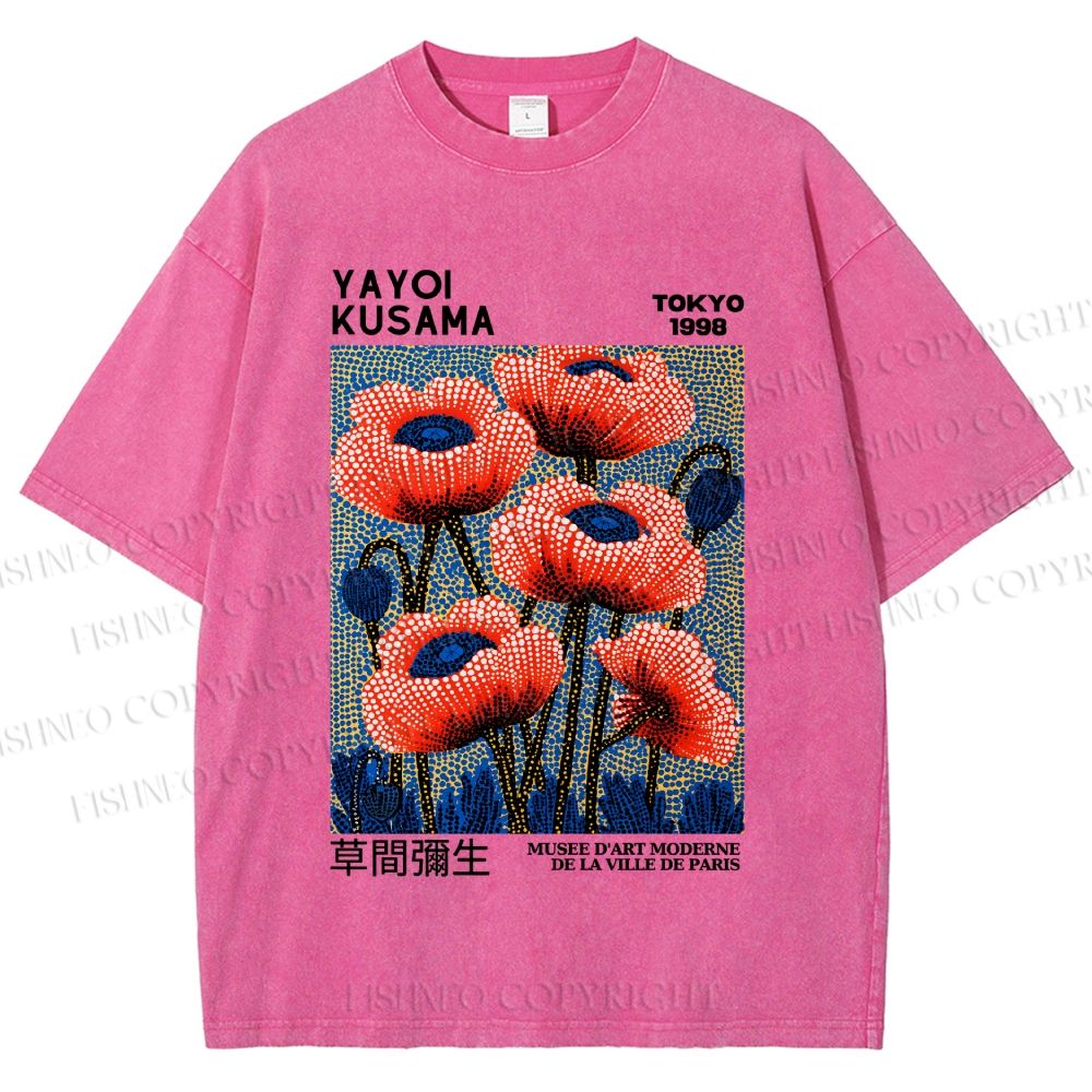 Unisex Yayoi Kusama Red Flowers Printed Washed Tee
