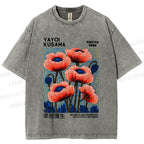 Unisex Yayoi Kusama Red Flowers Printed Washed Tee