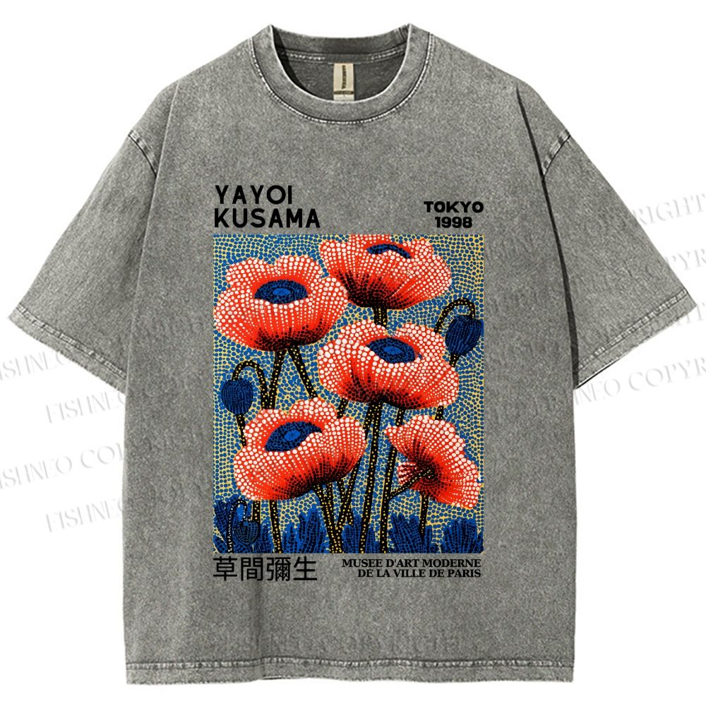 Unisex Yayoi Kusama Red Flowers Printed Washed Tee