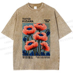 Unisex Yayoi Kusama Red Flowers Printed Washed Tee