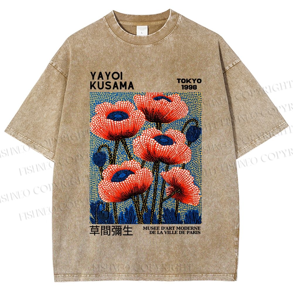 Unisex Yayoi Kusama Red Flowers Printed Washed Tee