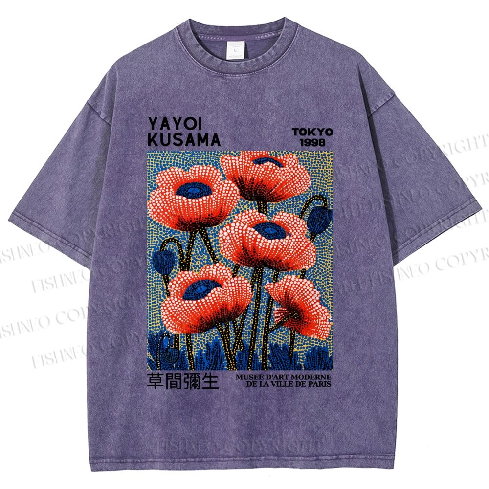 Unisex Yayoi Kusama Red Flowers Printed Washed Tee