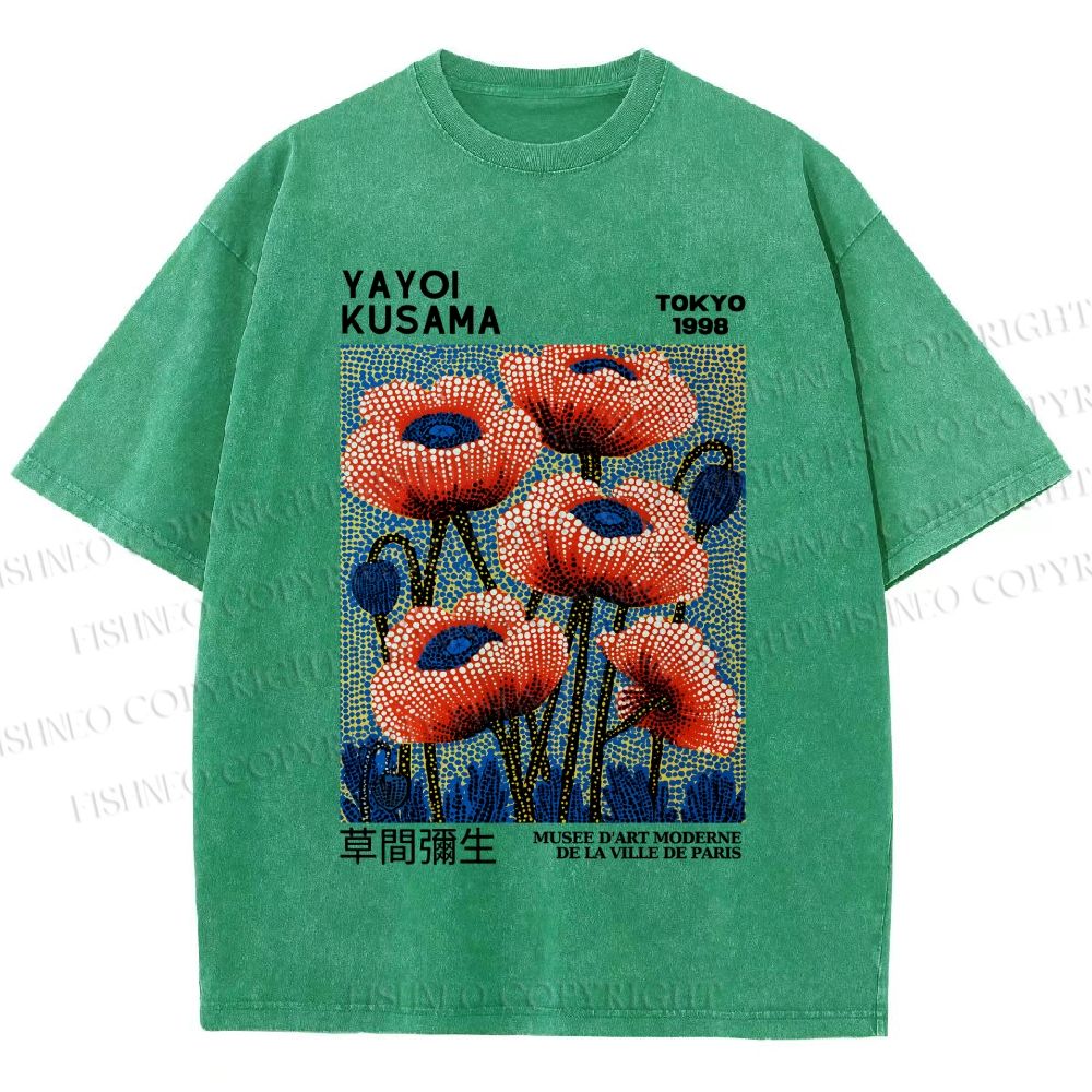 Unisex Yayoi Kusama Red Flowers Printed Washed Tee
