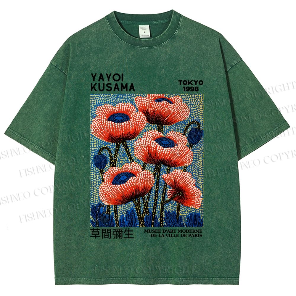 Unisex Yayoi Kusama Red Flowers Printed Washed Tee