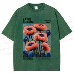 Unisex Yayoi Kusama Red Flowers Printed Washed Tee