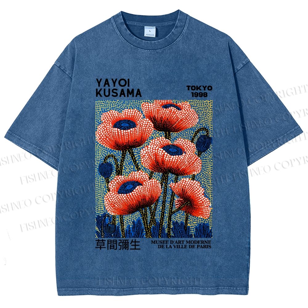 Unisex Yayoi Kusama Red Flowers Printed Washed Tee