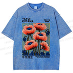 Unisex Yayoi Kusama Red Flowers Printed Washed Tee