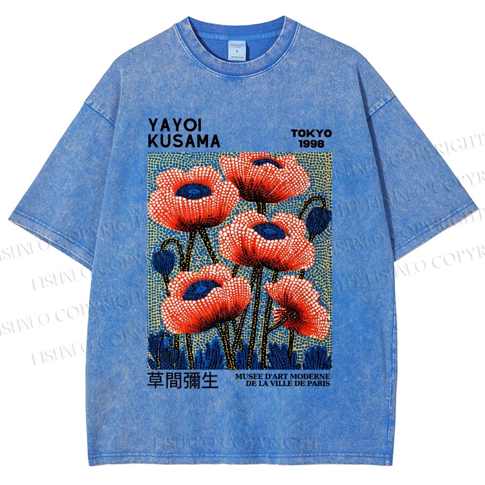 Unisex Yayoi Kusama Red Flowers Printed Washed Tee