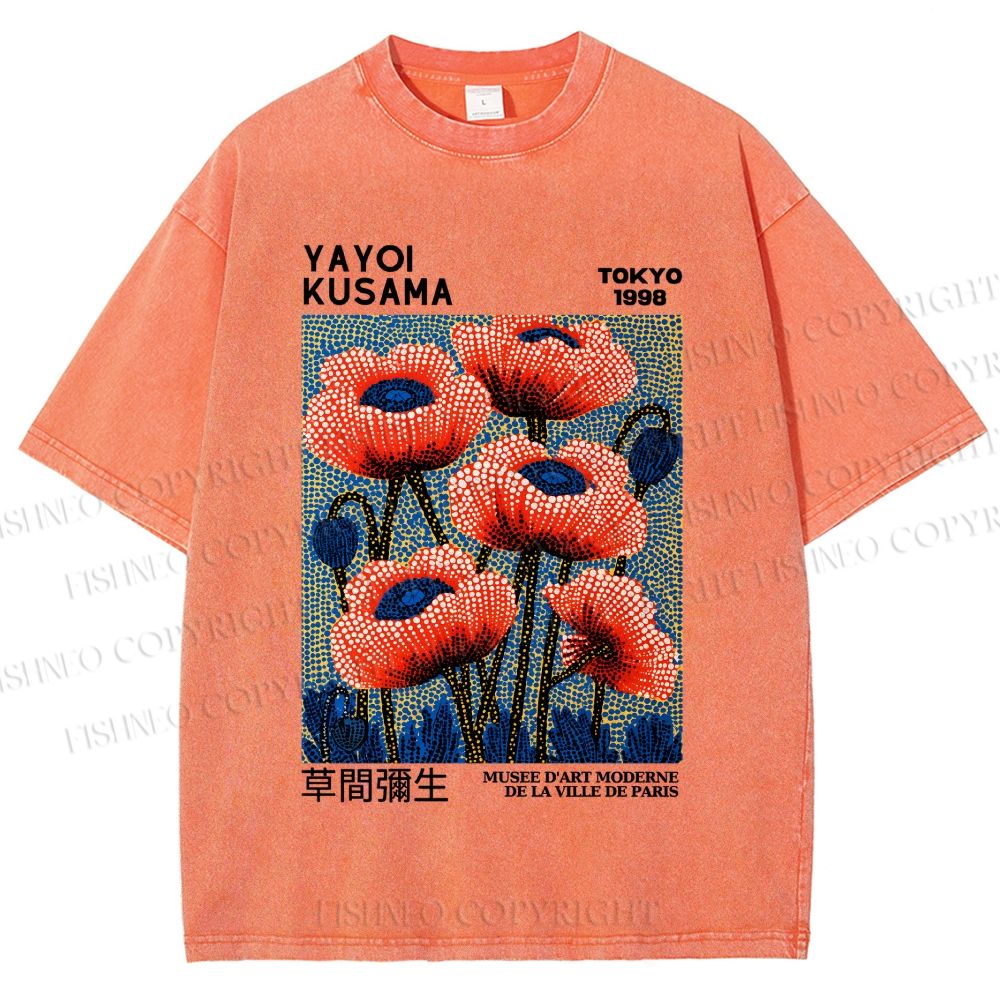 Unisex Yayoi Kusama Red Flowers Printed Washed Tee
