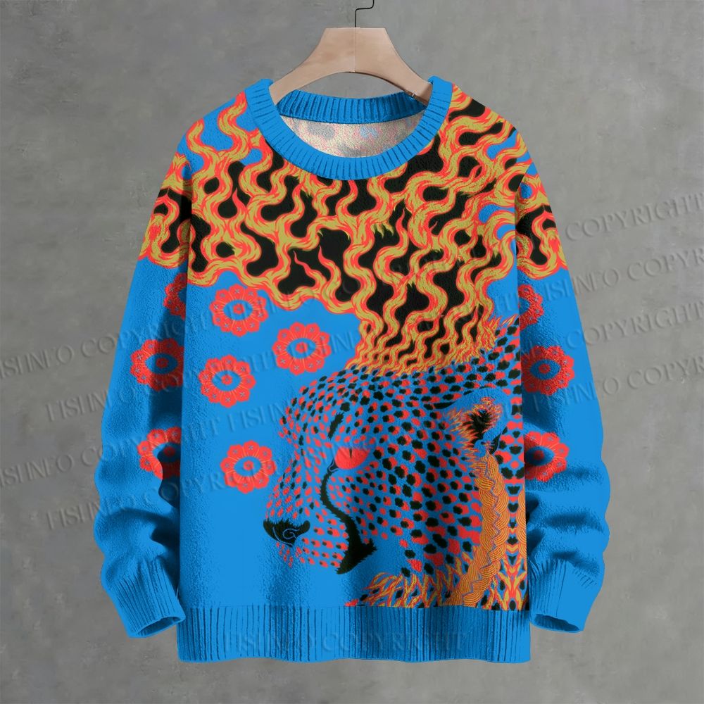 Fire Leopard Printed Crew Neck Sweater