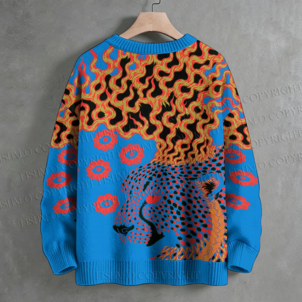 Fire Leopard Printed Crew Neck Sweater
