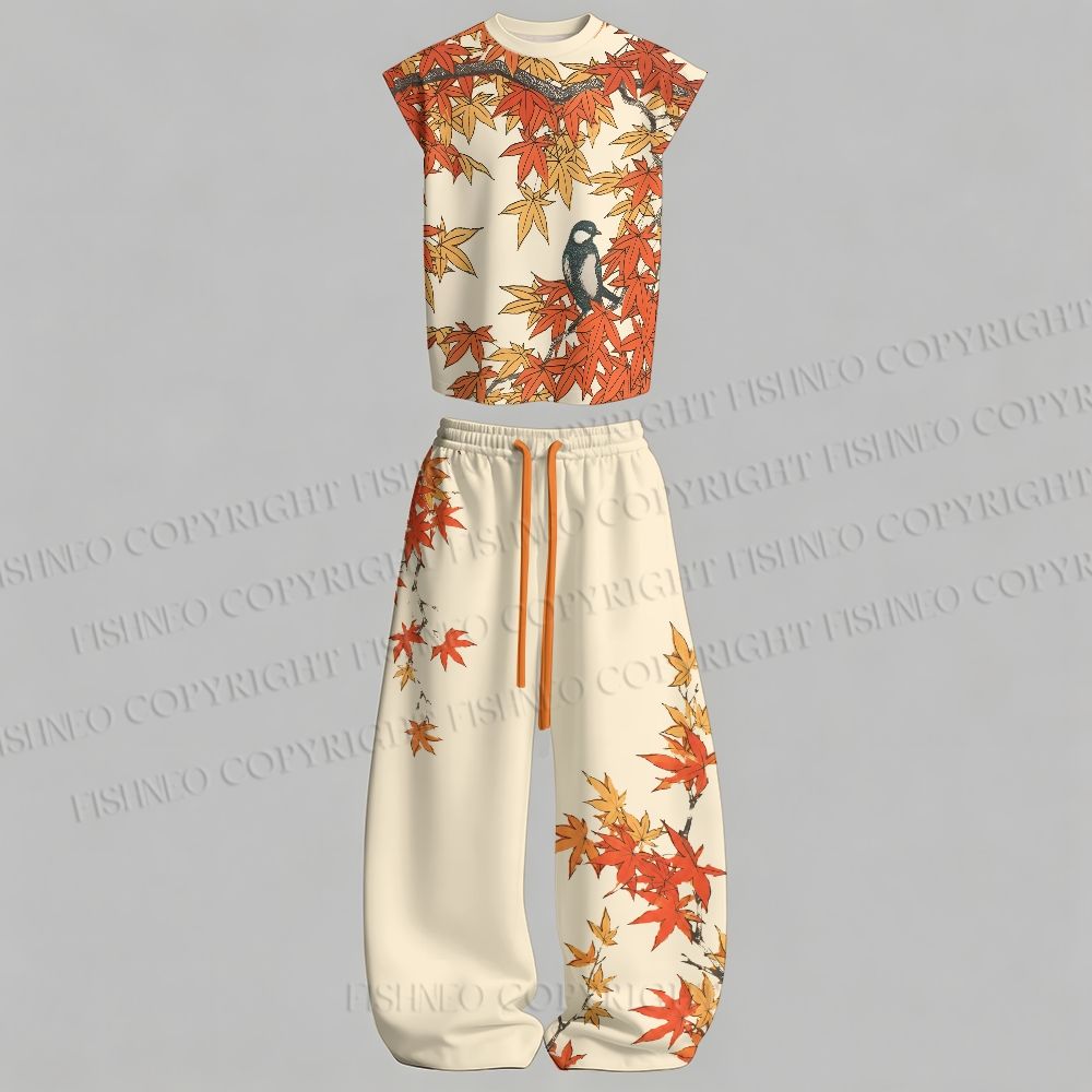 Men's Vintage Bird in Maple Leaves Sleeveless Tank Top & Elasticated Trousers pants Two-Piece Streetwear Set