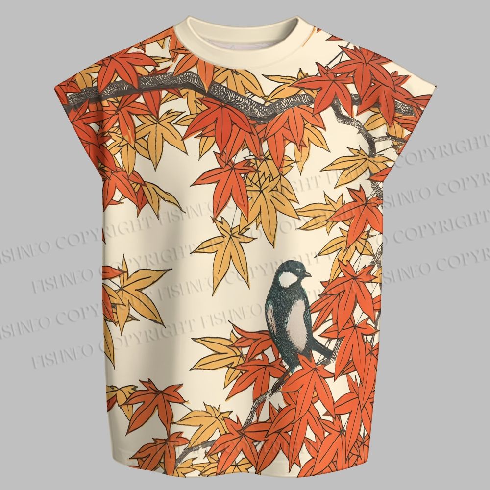 Men's Vintage Bird in Maple Leaves Sleeveless Tank Top & Elasticated Trousers pants Two-Piece Streetwear Set