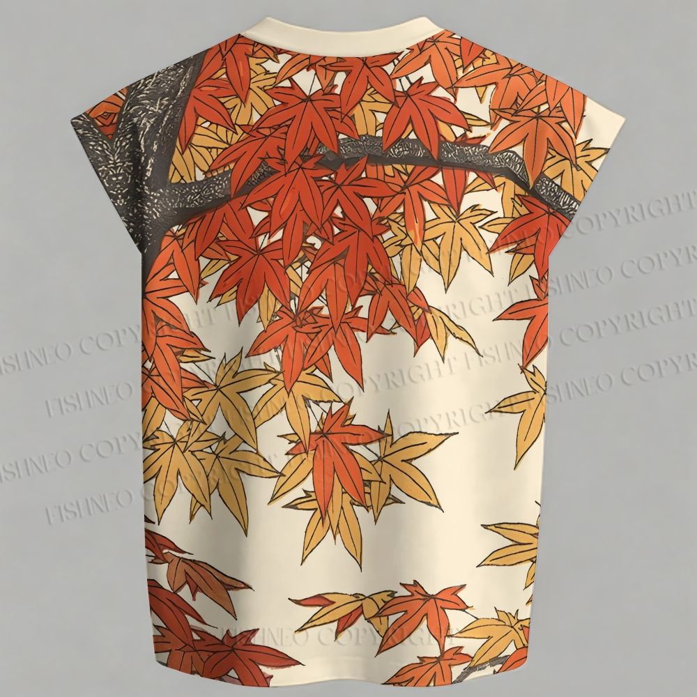 Men's Vintage Bird in Maple Leaves Sleeveless Tank Top & Elasticated Trousers pants Two-Piece Streetwear Set