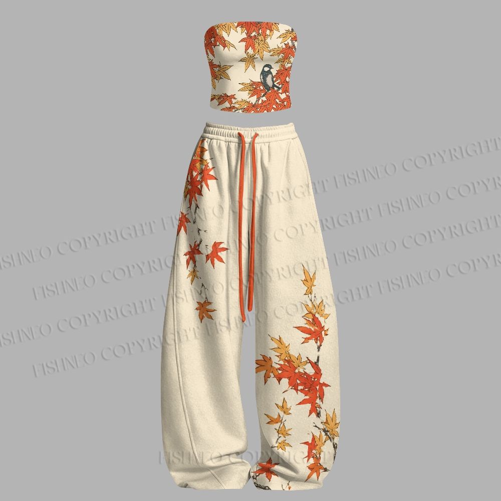 Vintage Bird in Maple Leaves Tight Casual Camisole Tops & Elasticated Trousers Two-Piece Set