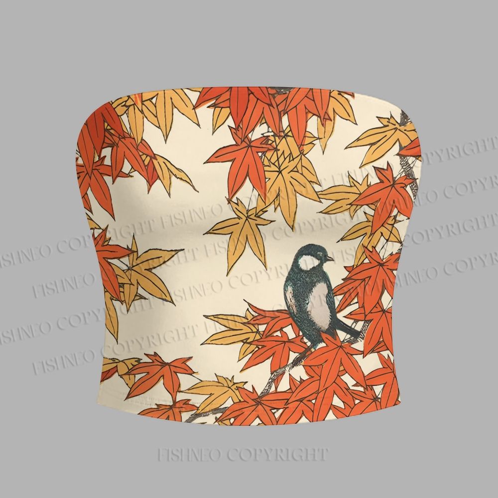 Vintage Bird in Maple Leaves Tight Casual Camisole Tops & Elasticated Trousers Two-Piece Set
