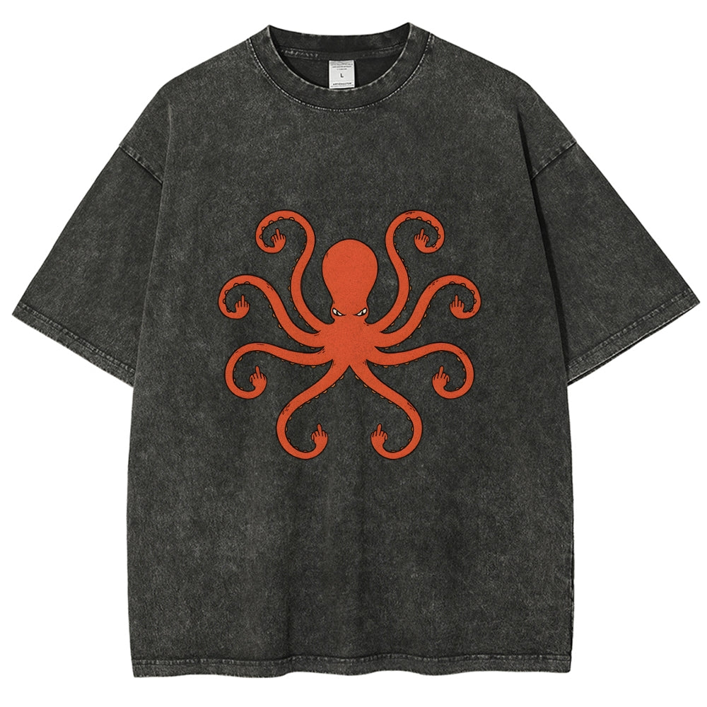 Octopus Give The Middle Finger Washed T-Shirt