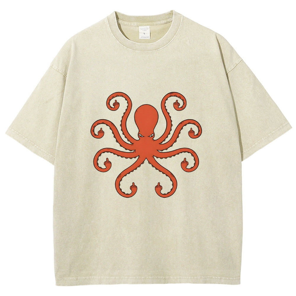 Octopus Give The Middle Finger Washed T-Shirt