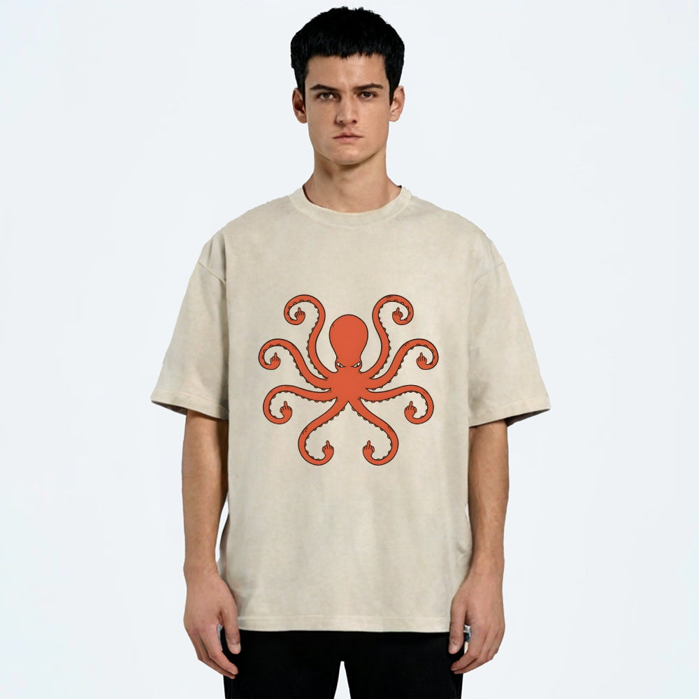 Octopus Give The Middle Finger Washed T-Shirt