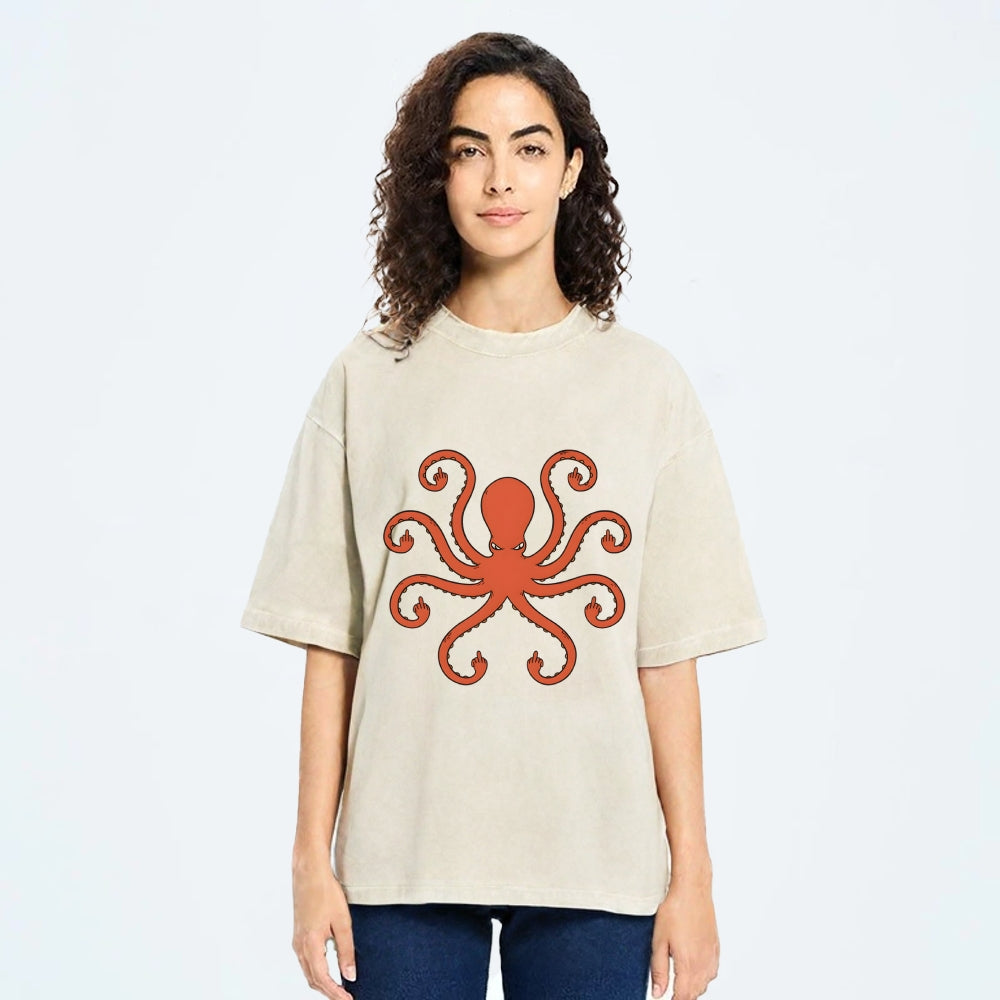 Octopus Give The Middle Finger Washed T-Shirt