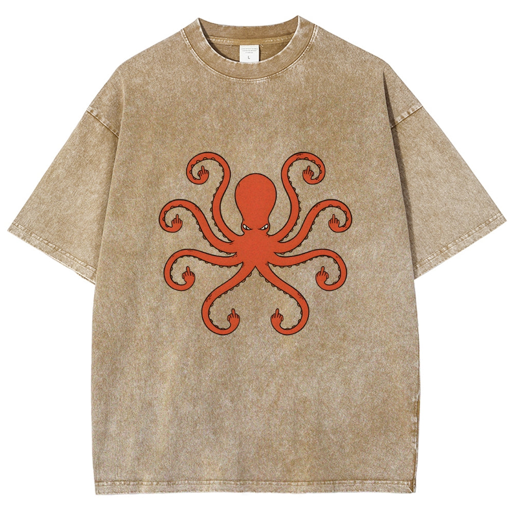 Octopus Give The Middle Finger Washed T-Shirt