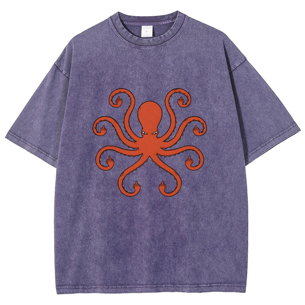 Octopus Give The Middle Finger Washed T-Shirt