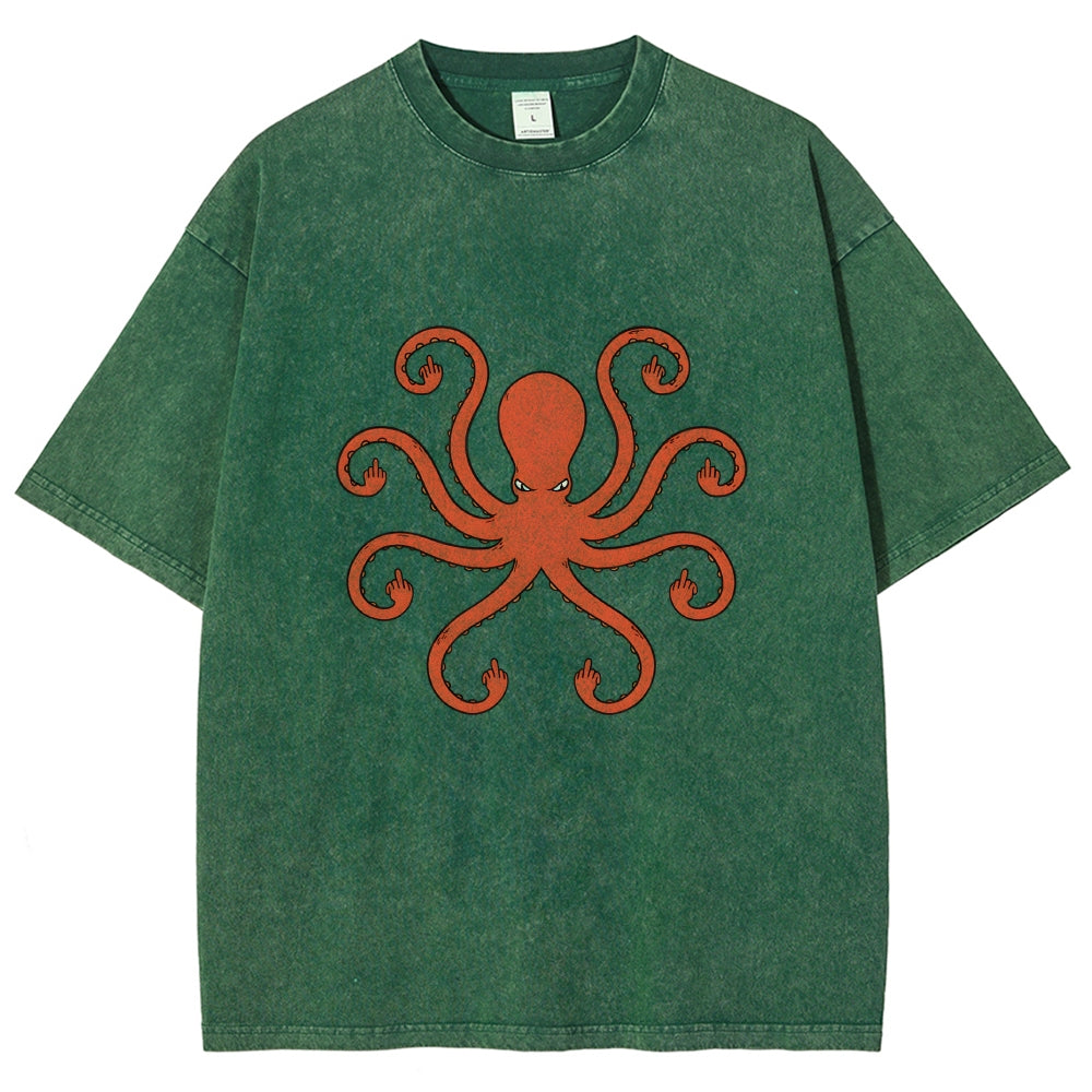 Octopus Give The Middle Finger Washed T-Shirt