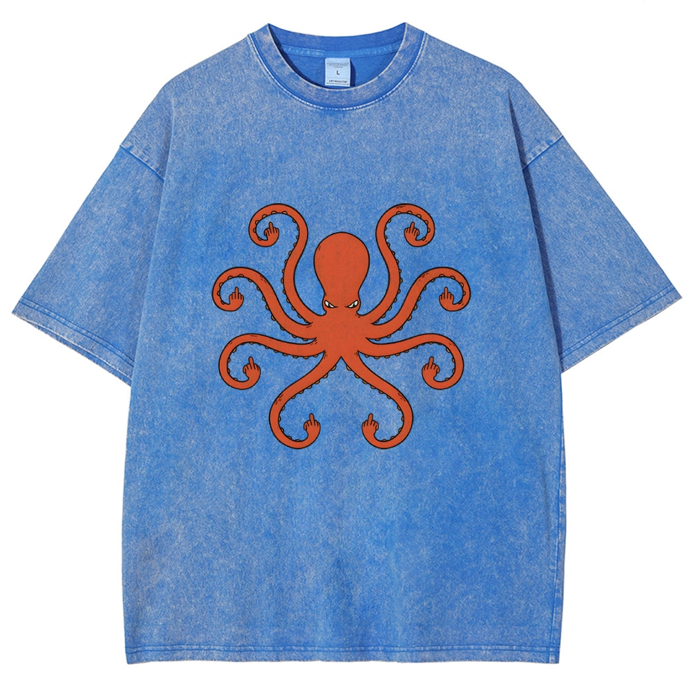 Octopus Give The Middle Finger Washed T-Shirt