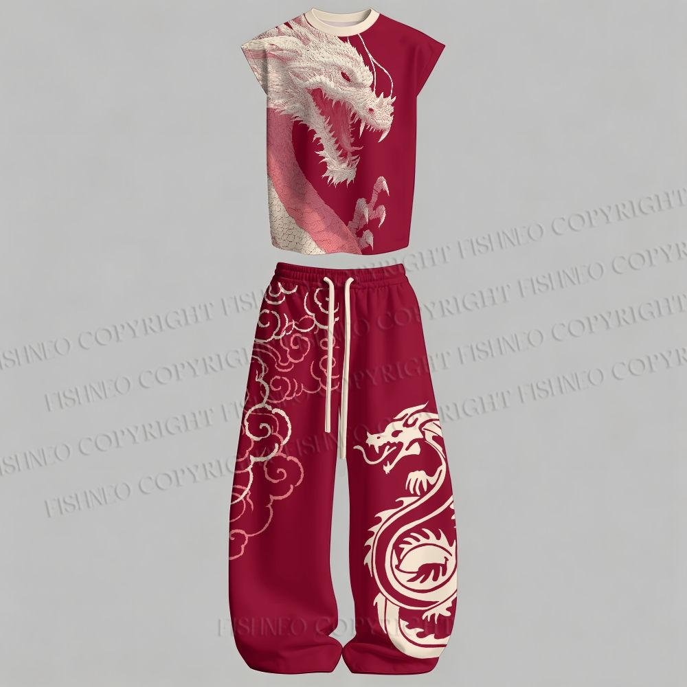 Men's Pink White Dragon Sculpture Sleeveless Tank Top & Elasticated Trousers pants Two-Piece Streetwear Set