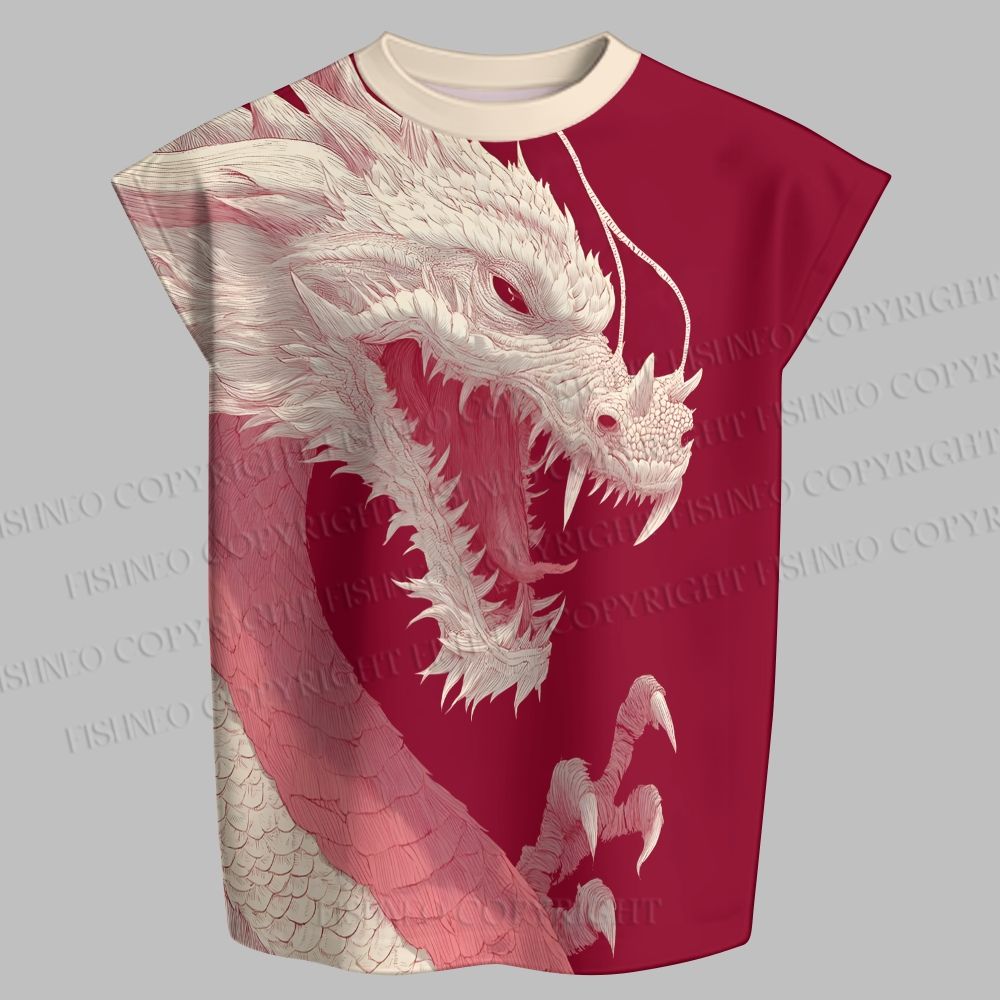 Men's Pink White Dragon Sculpture Sleeveless Tank Top & Elasticated Trousers pants Two-Piece Streetwear Set