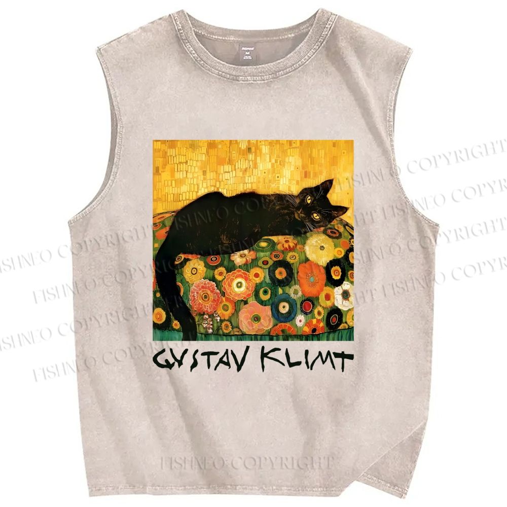 Unisex Klimt Black Cat Printed Washed Tank Top