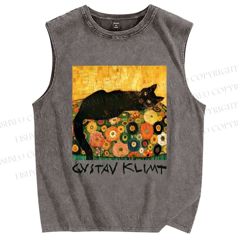 Unisex Klimt Black Cat Printed Washed Tank Top
